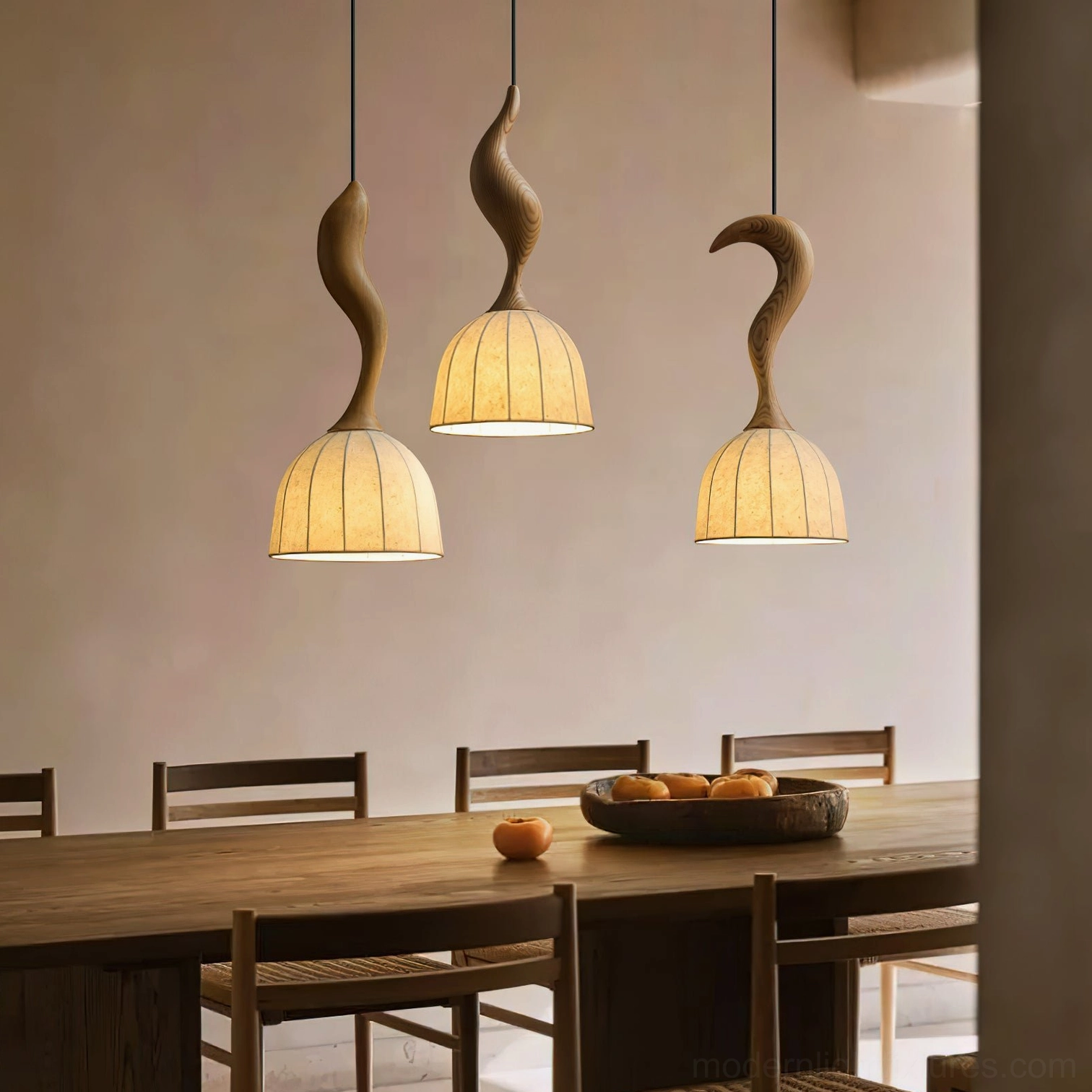 Solia wooden pendant light hand-pleated fabric shade detail, texture close-up