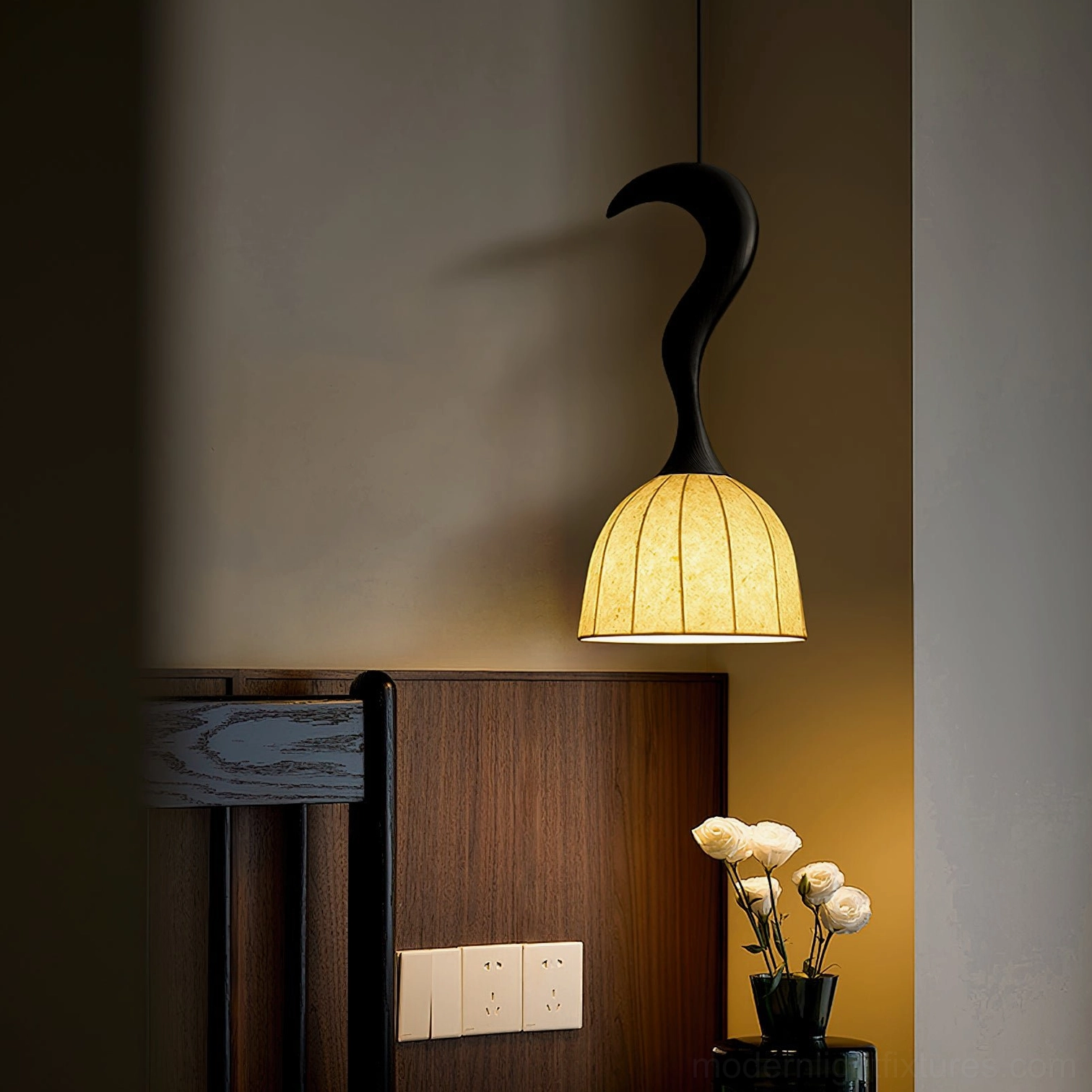 Solia walnut wood pendant lamp, rich warm finish detail photography