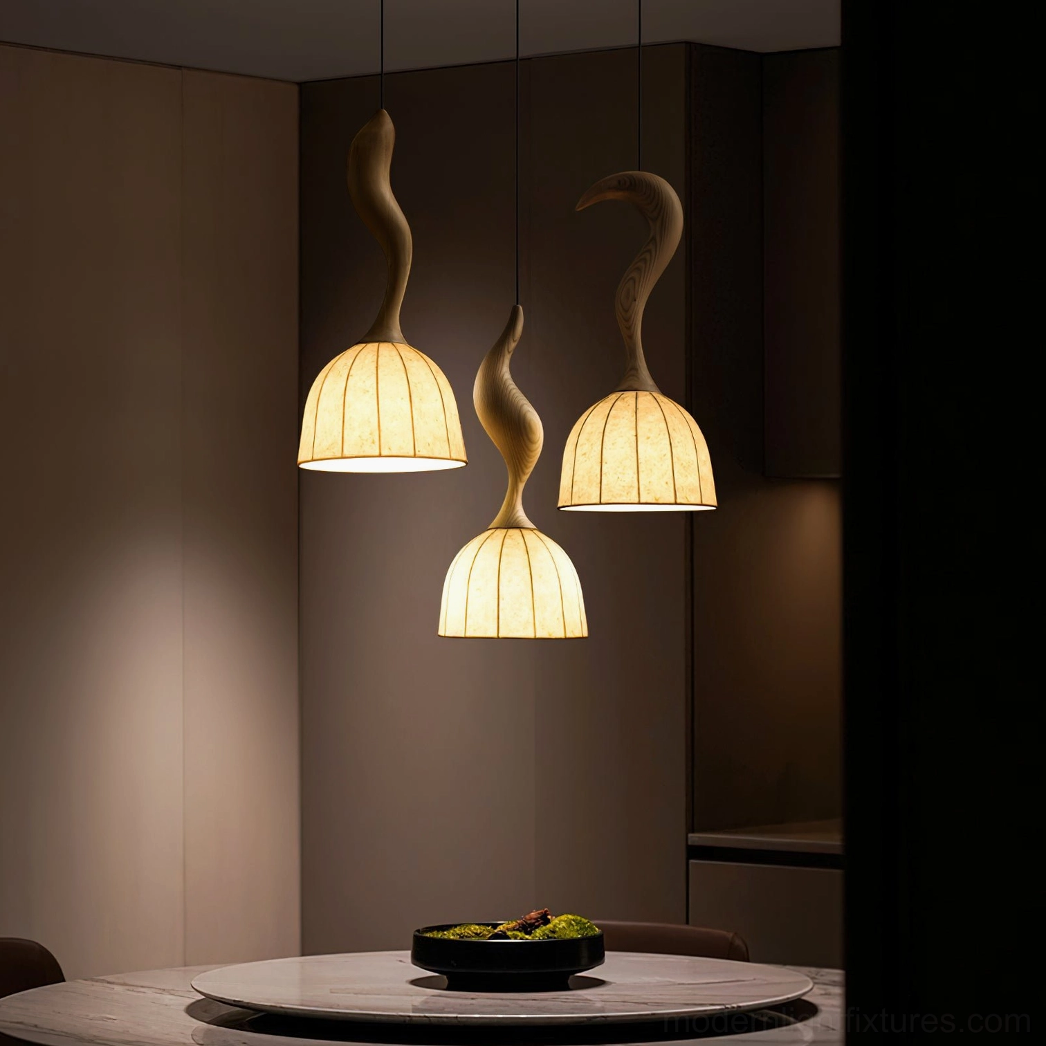 Solia wooden pendant light LED compatible energy efficient bulb solution