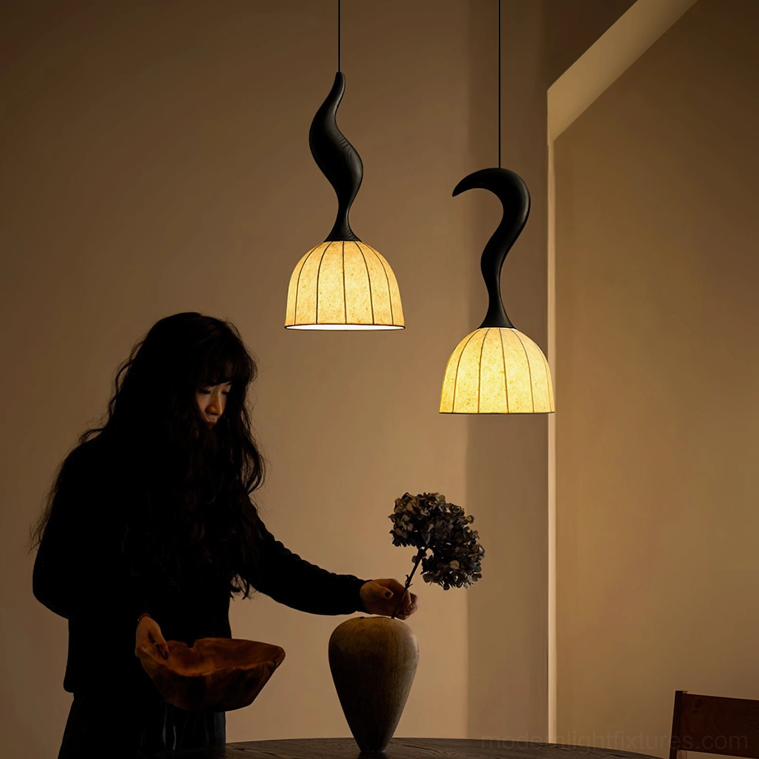 Solia wooden pendant light task lighting above work surface installation