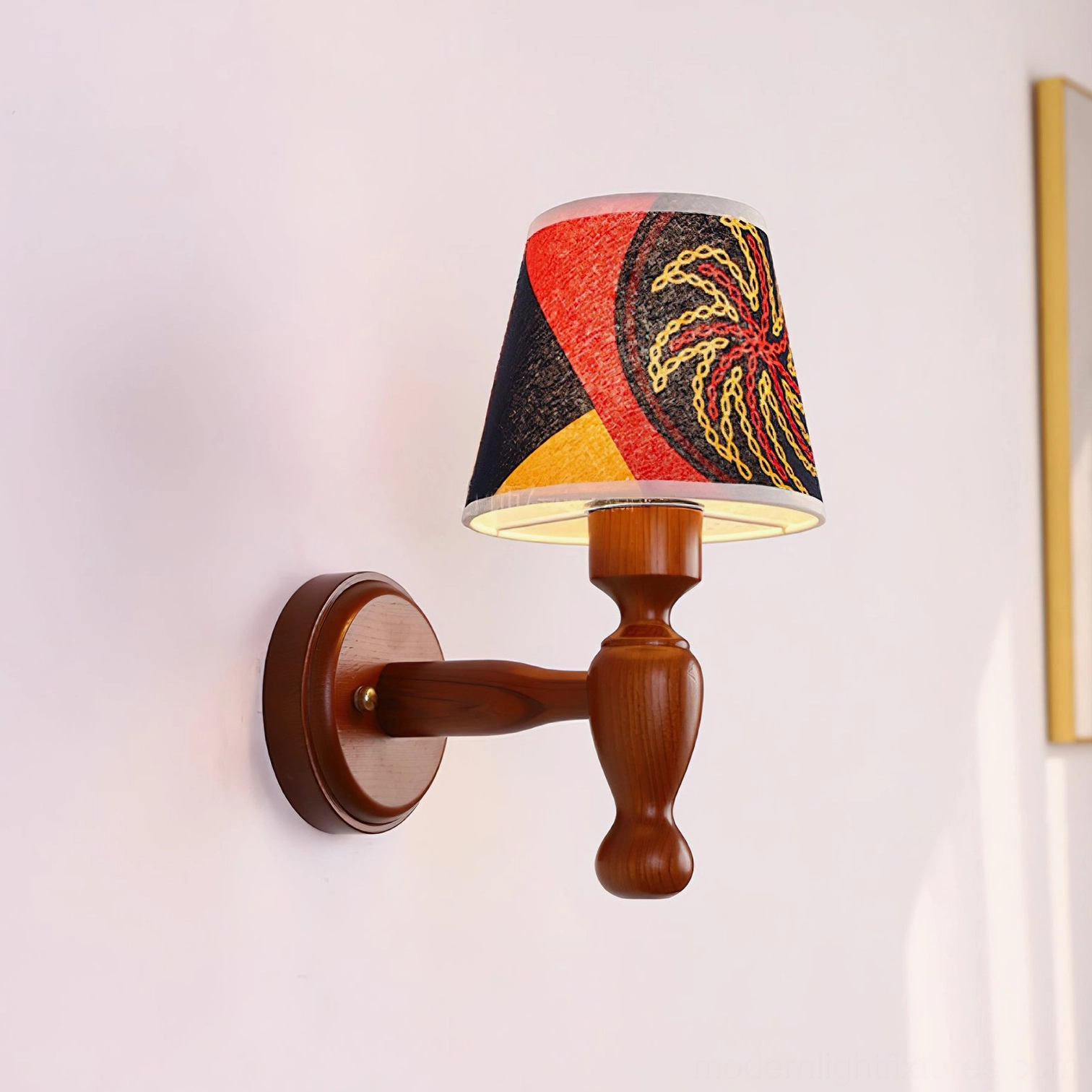 Modern fabric shade wall sconce, solid wood frame construction detail