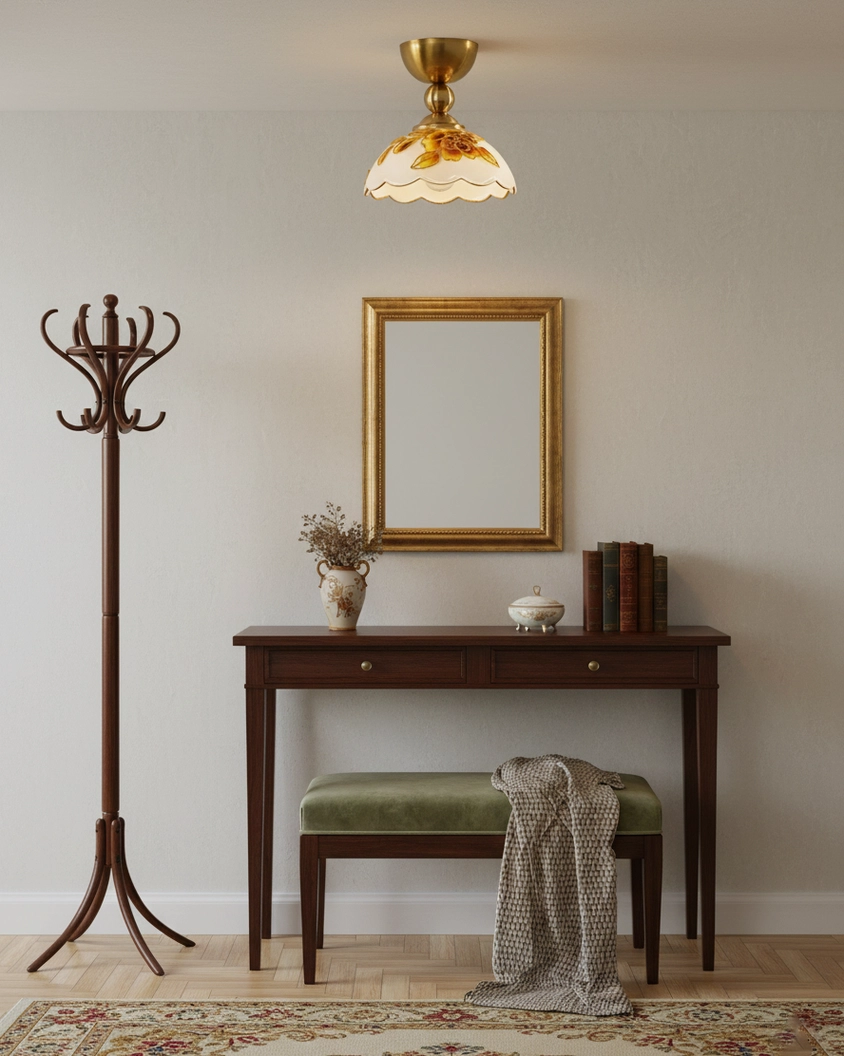 Soliloquy vintage ceiling light fixture in home foyer with traditional brass-gold finish and classic decor setting