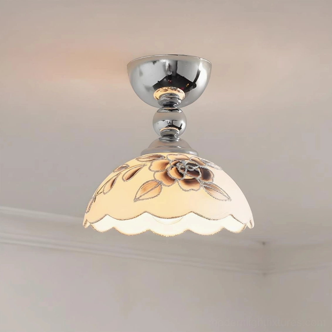 Alternative Soliloquy ceiling light variant with chrome silver base and off-white scalloped shade featuring brown floral embroidery