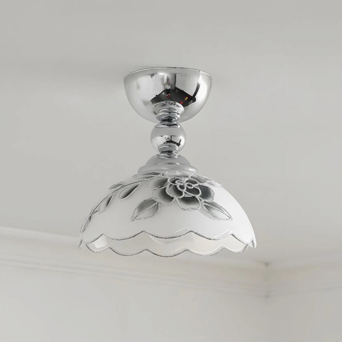 Soliloquy floral ceiling light fixture in chrome and white finish showing detailed botanical glass shade design