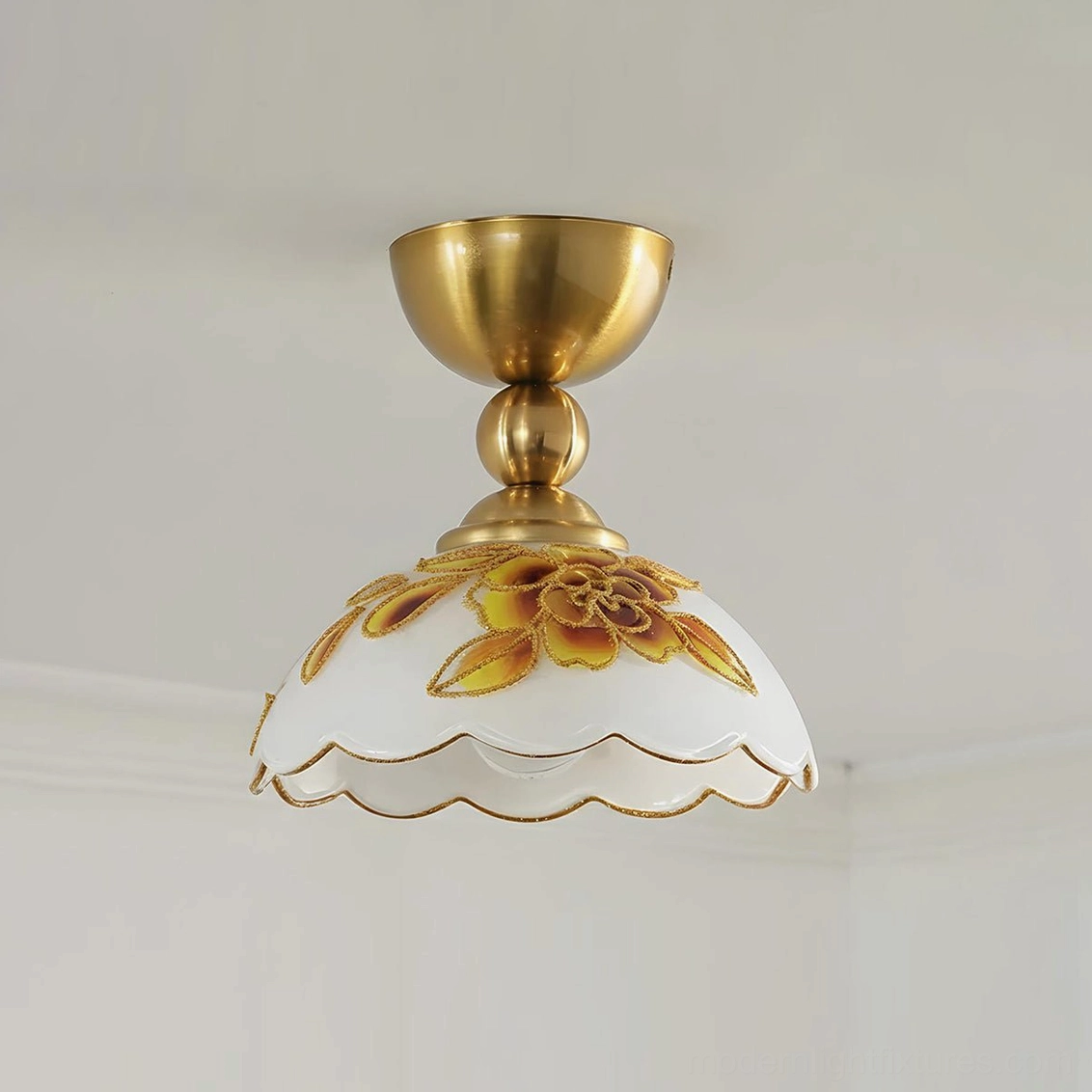 Soliloquy ceiling light in gold and white finish variation with scalloped floral glass shade and polished metal base