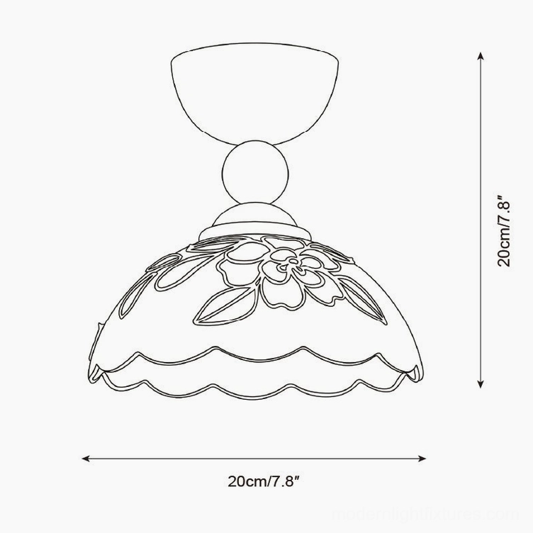 Soliloquy ceiling lamp technical specification drawing showing dimensions 20cm width and height with floral glass shade profile