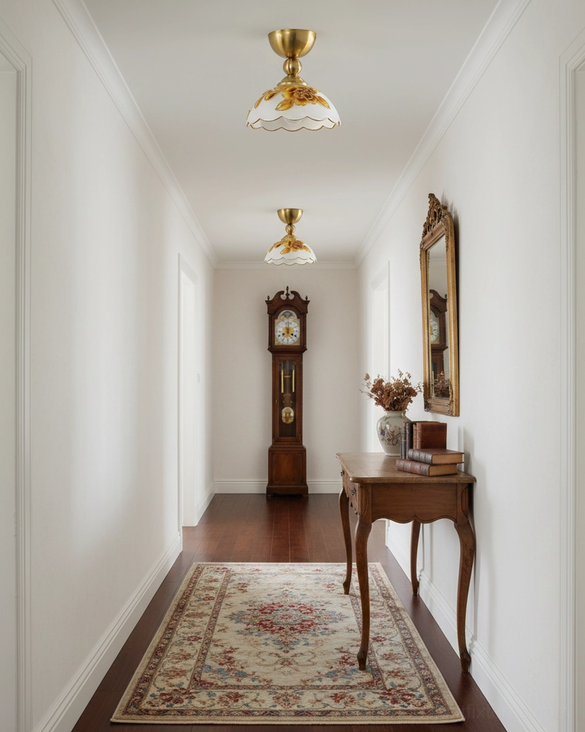 Multiple Soliloquy floral ceiling lights installed in residential hallway creating coordinated vintage lighting design
