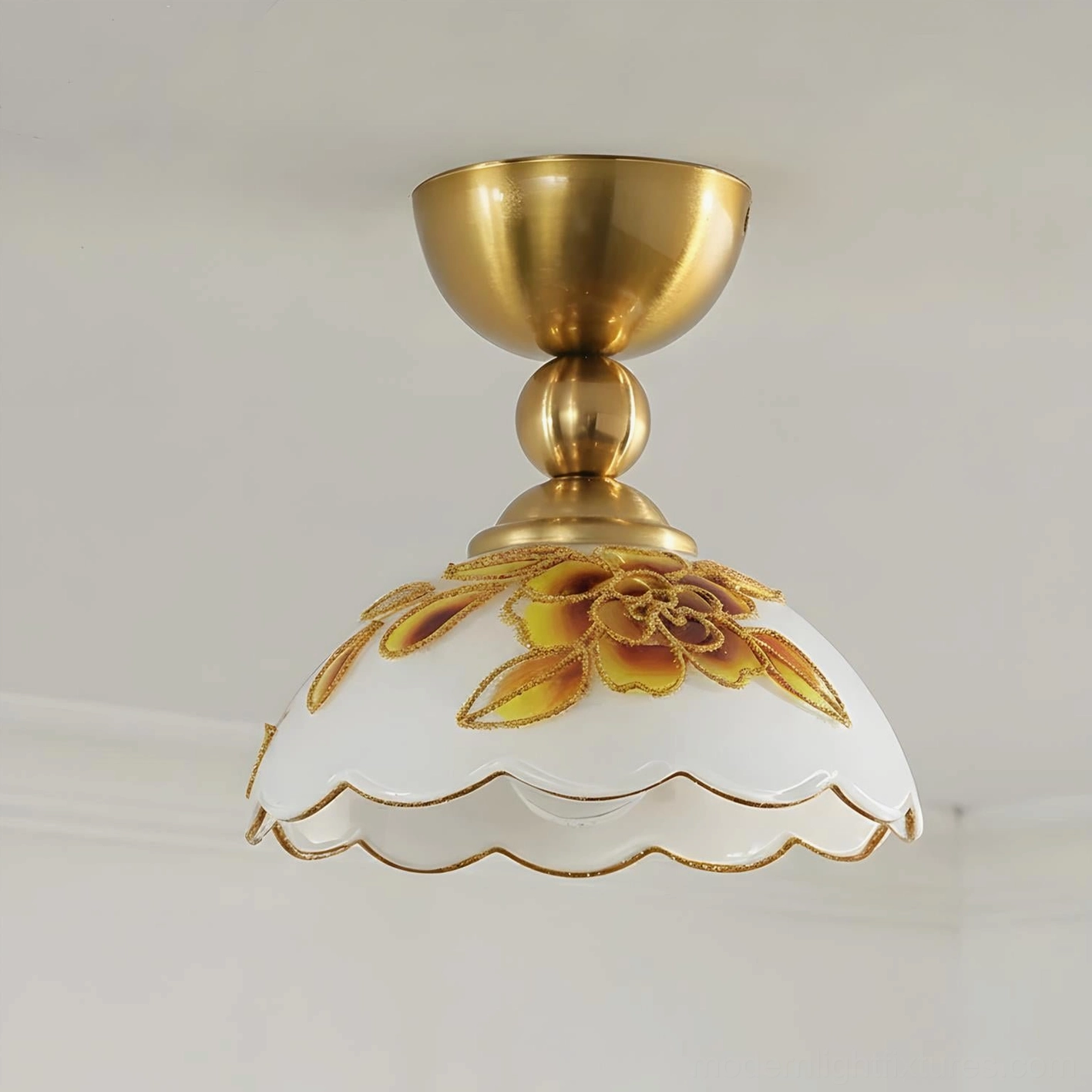 Soliloquy floral ceiling light three-quarter close-up showcasing brass-gold canopy and detailed glass shade artistry