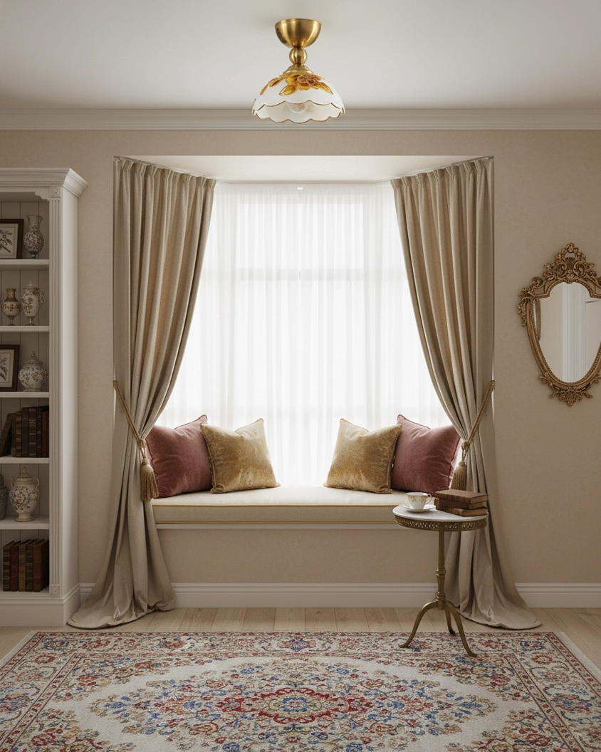 Soliloquy ceiling light fixture in bedroom bay window setting complementing classic elegant home styling and natural daylight
