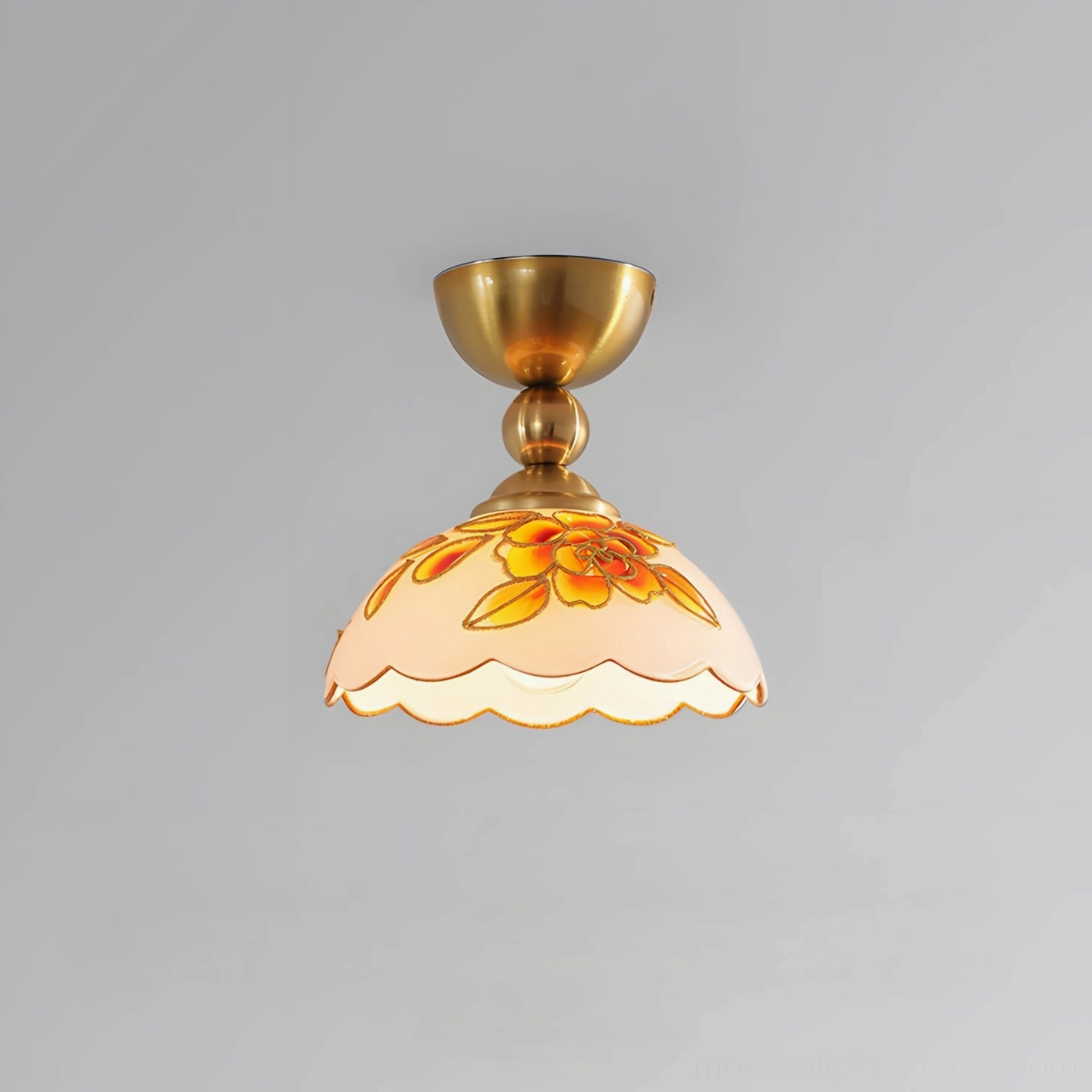 Soliloquy ceiling light fixture detail showing scalloped petal-like curves of glass shade with delicate floral embroidery