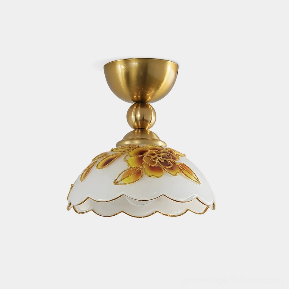 Soliloquy floral ceiling light fixture close-up showing scalloped glass shade with delicate botanical embroidery and polished gold hardware
