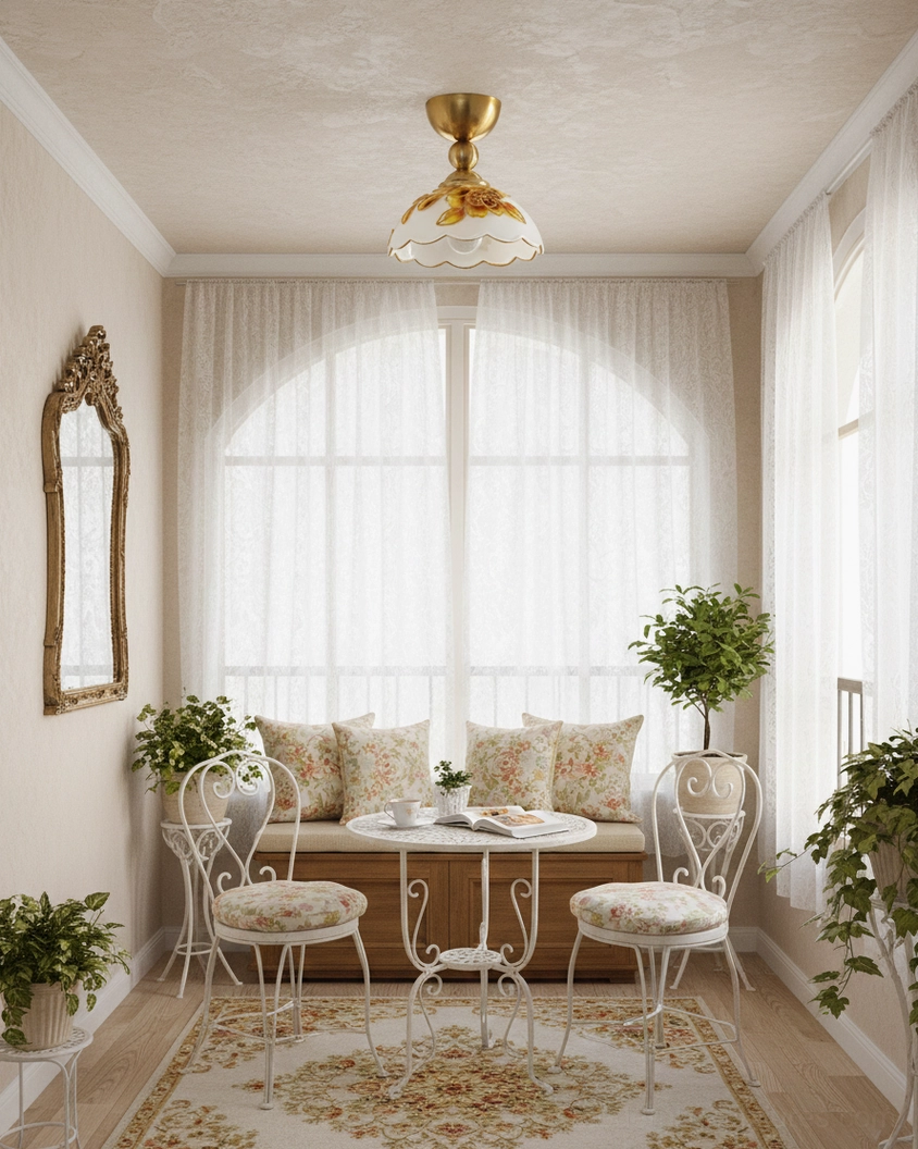 Soliloquy vintage floral ceiling light in casual sitting nook with brass-gold finish and scalloped shade design