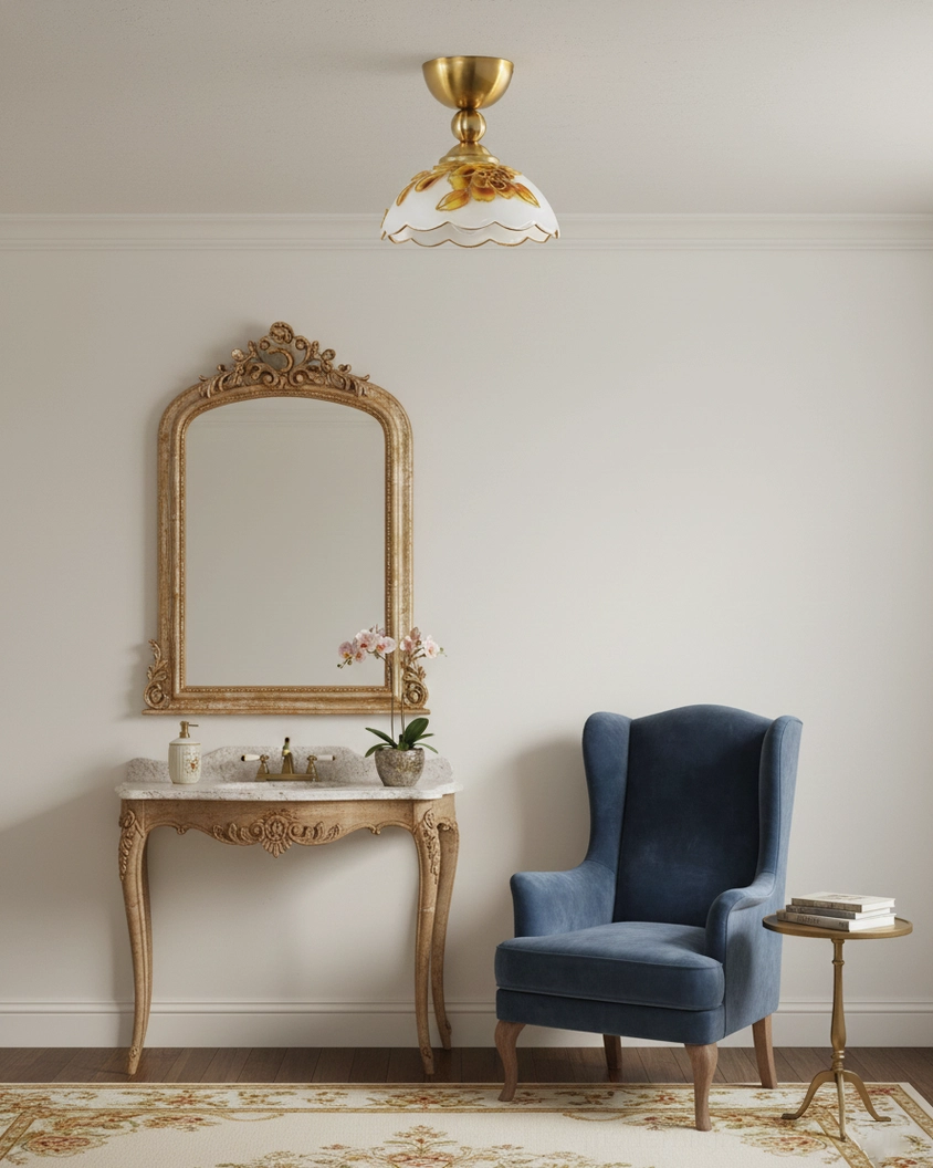 Soliloquy semi-flush ceiling lamp with polished metal finish and hand-detailed glass shade creating warm ambient lighting