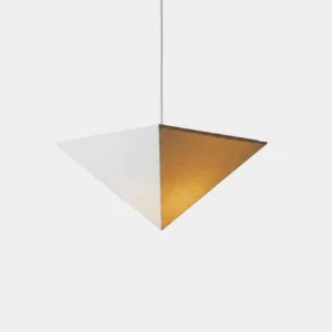 Solina Prism Pendant Light with faceted fabric shade, modern sculptural design, studio front view showing dual-tone beige and warm brown finish