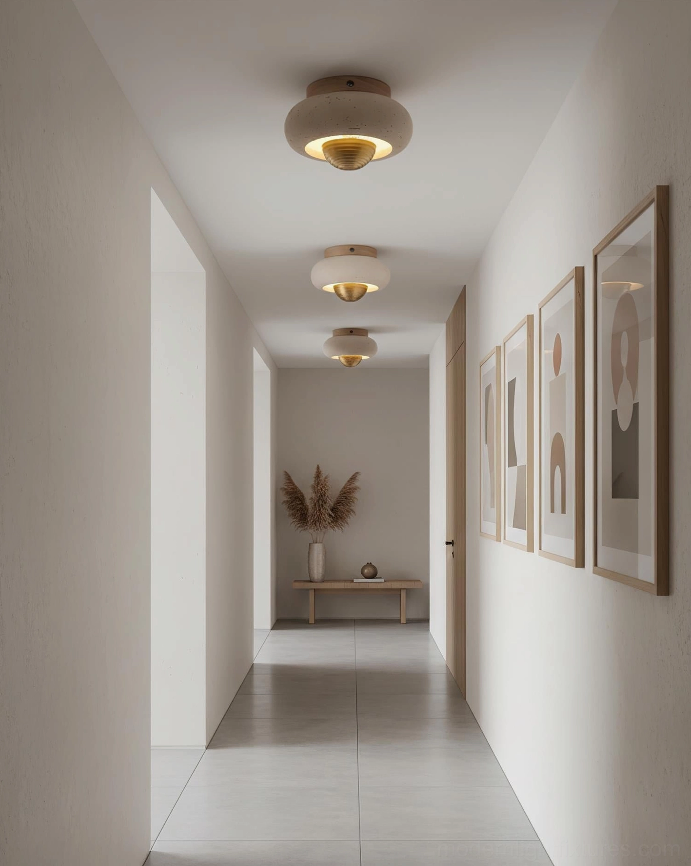 Contemporary travertine dome ceiling lights in residential corridor multiple fixtures gallery wall