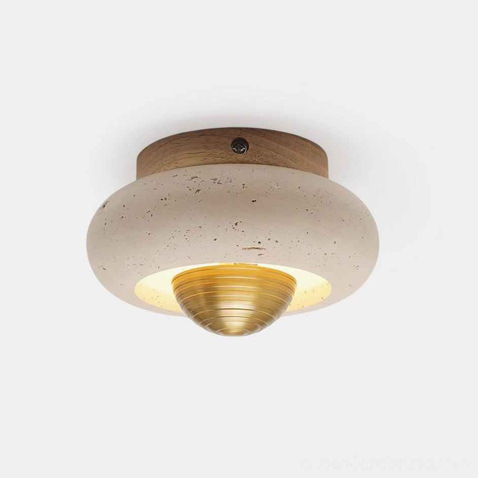 Solinor travertine dome ceiling light flush mount fixture front view studio shot
