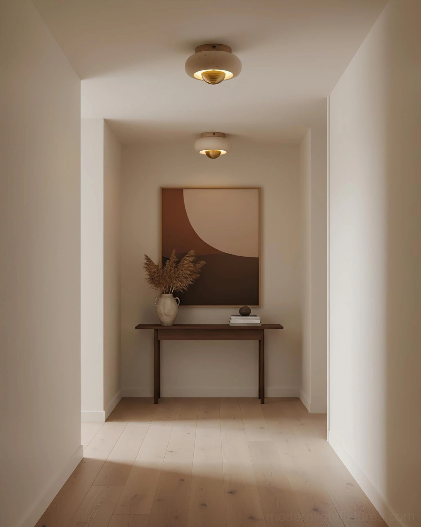 Modern travertine ceiling light fixture in hallway entryway with console table decor