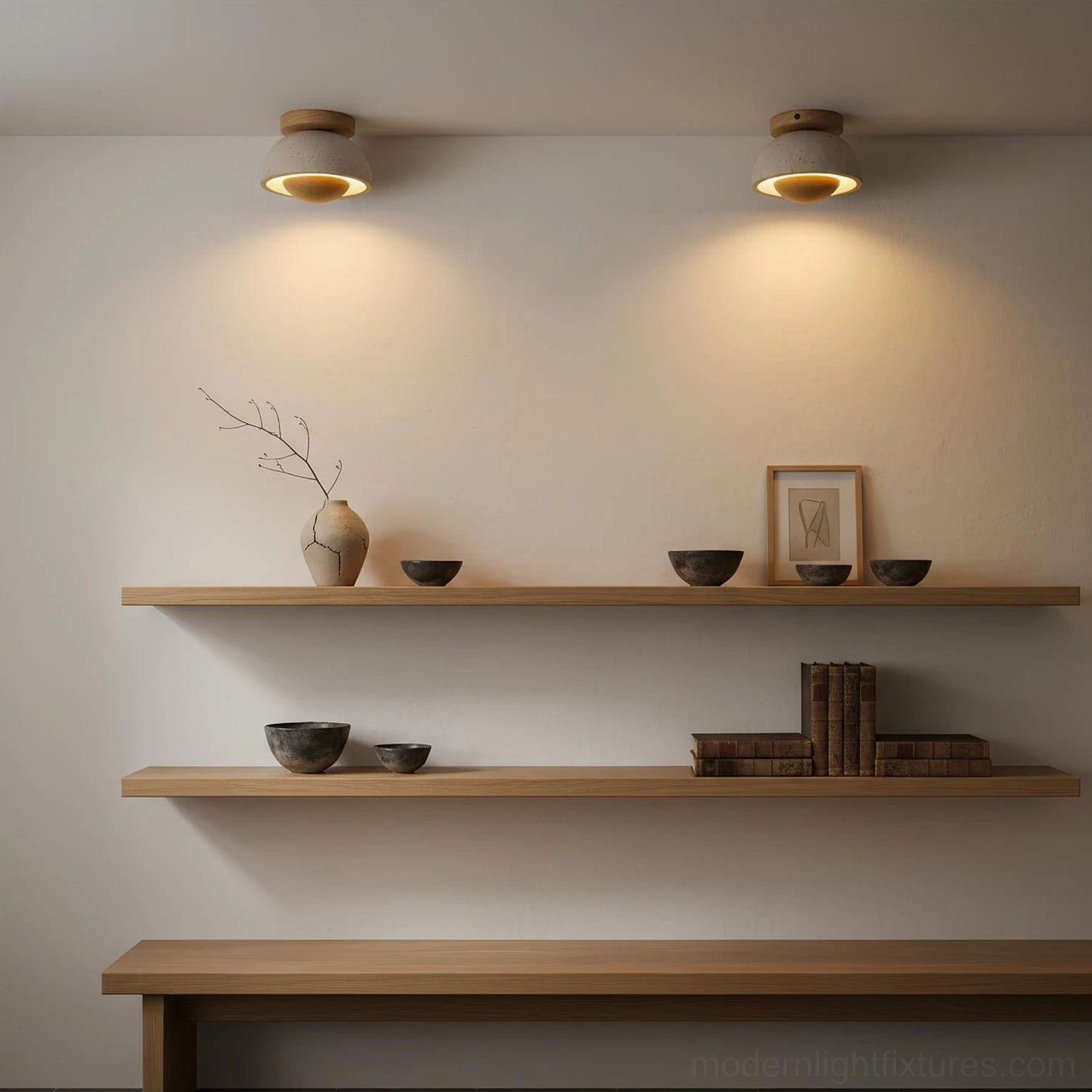 Travertine ceiling light fixture in minimalist entryway with floating shelves wabi-sabi design
