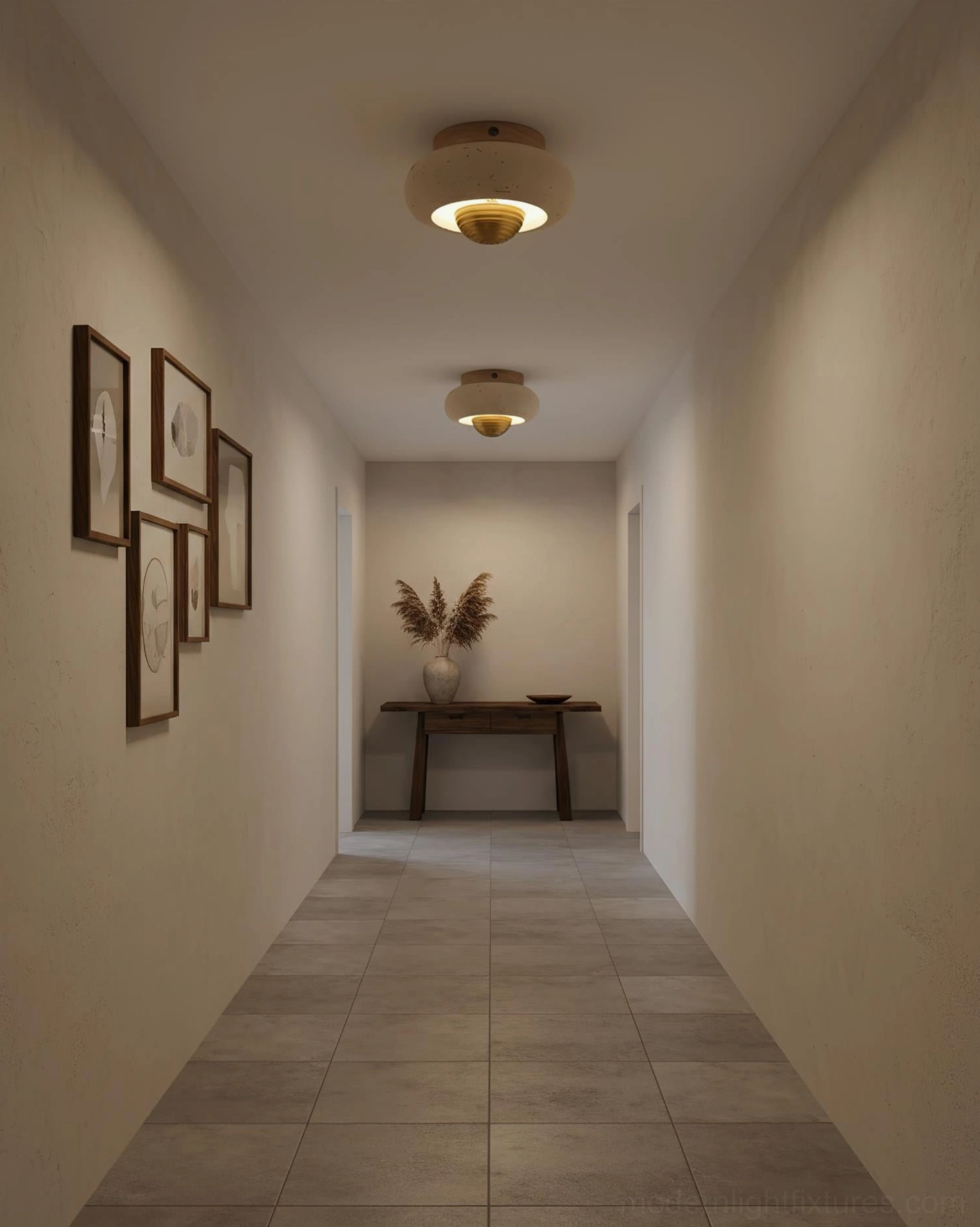Modern travertine dome ceiling light with brass or wood accent finish options