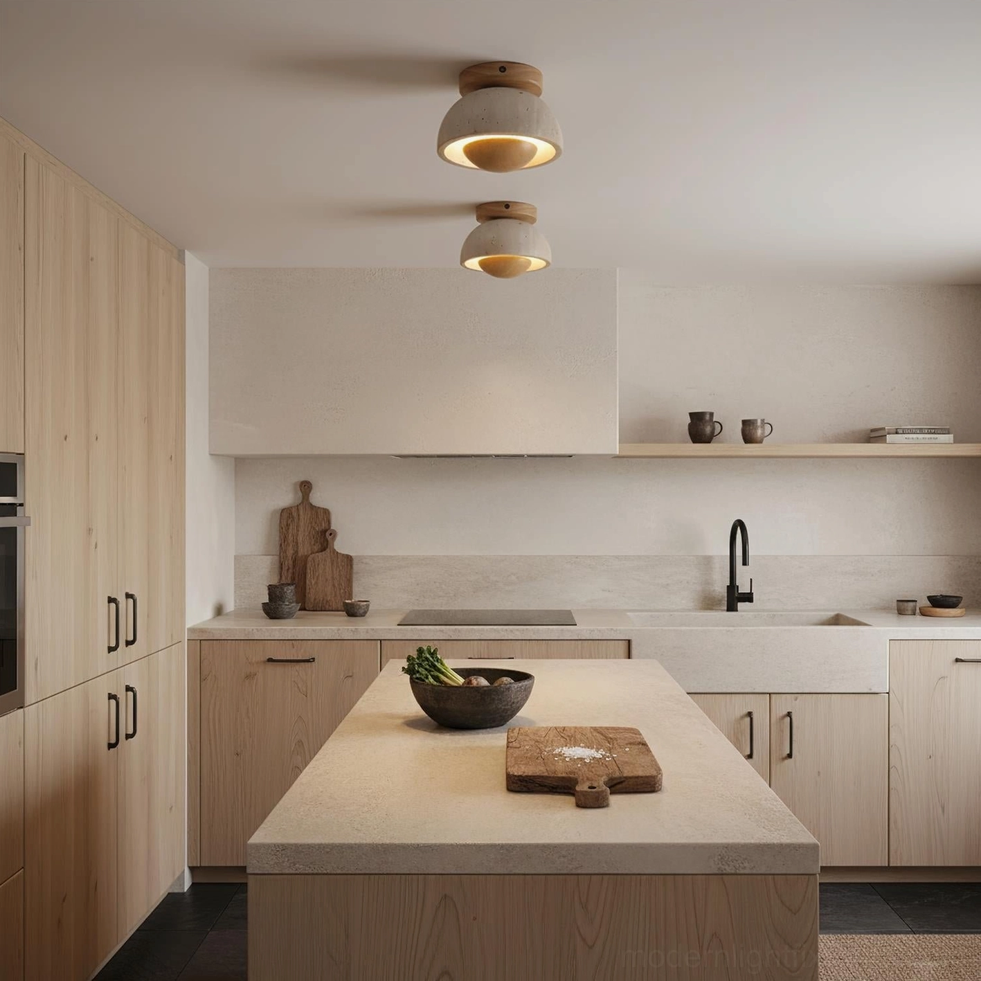 Contemporary travertine dome ceiling lights in modern kitchen warm white illumination