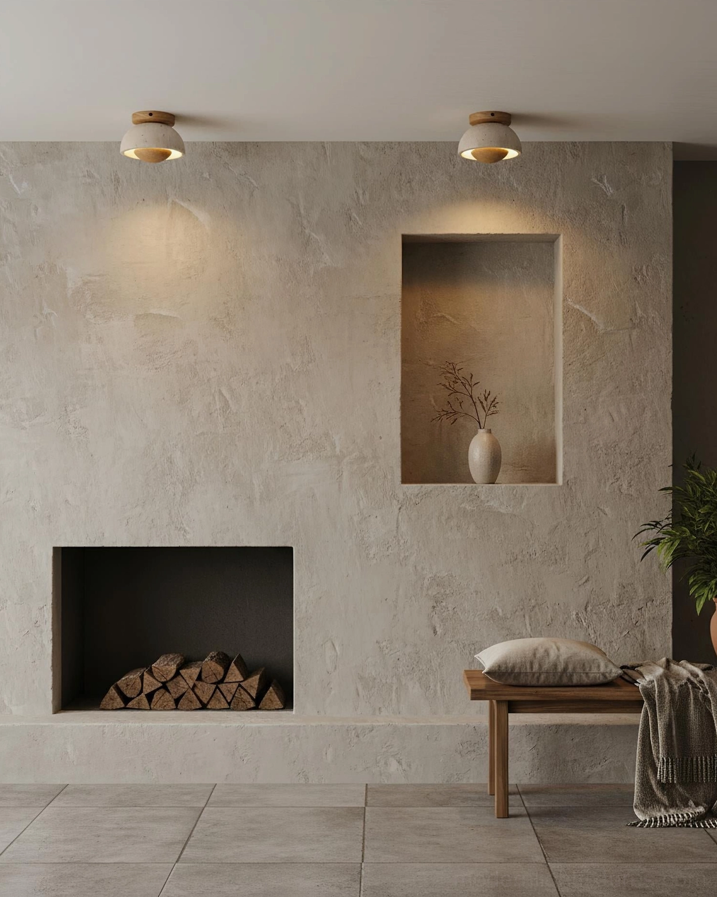 Travertine flush mount ceiling lights in residential living room with fireplace warm minimalist