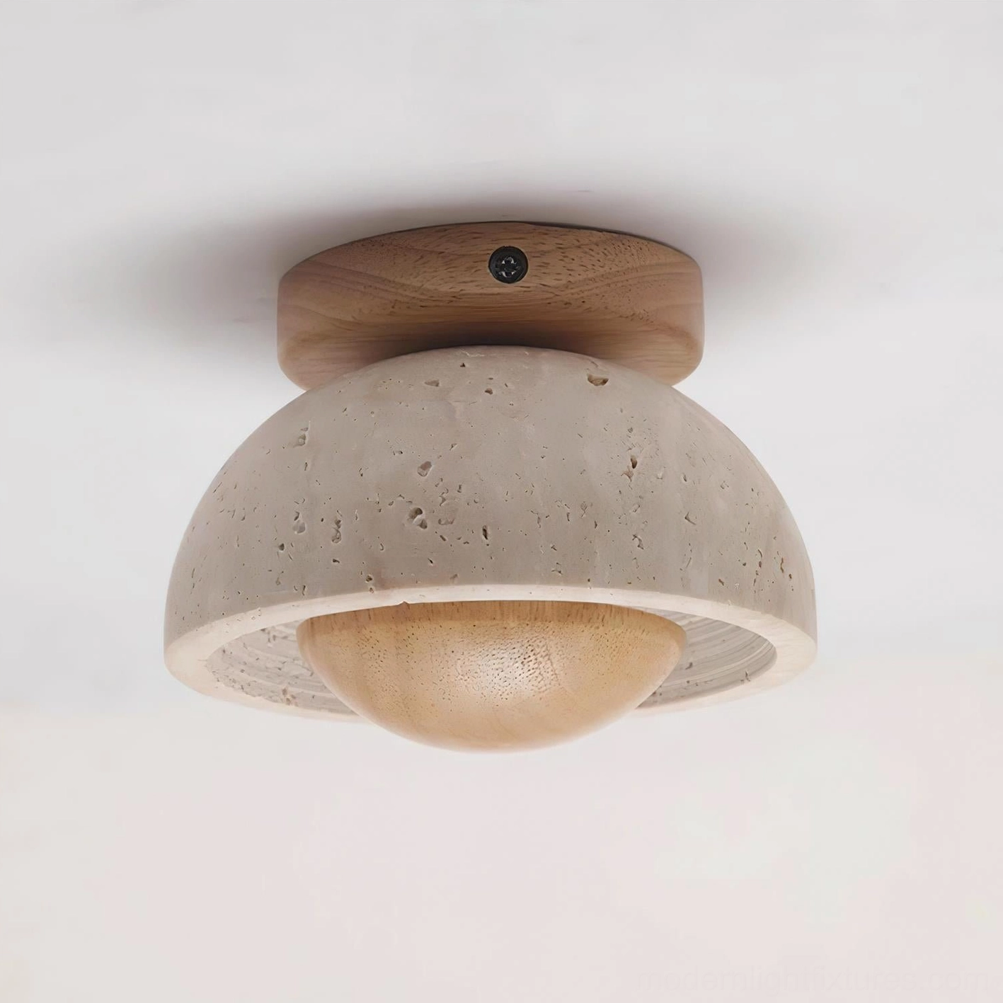 Model A travertine ceiling light wood color beige warm white 3000k installation view