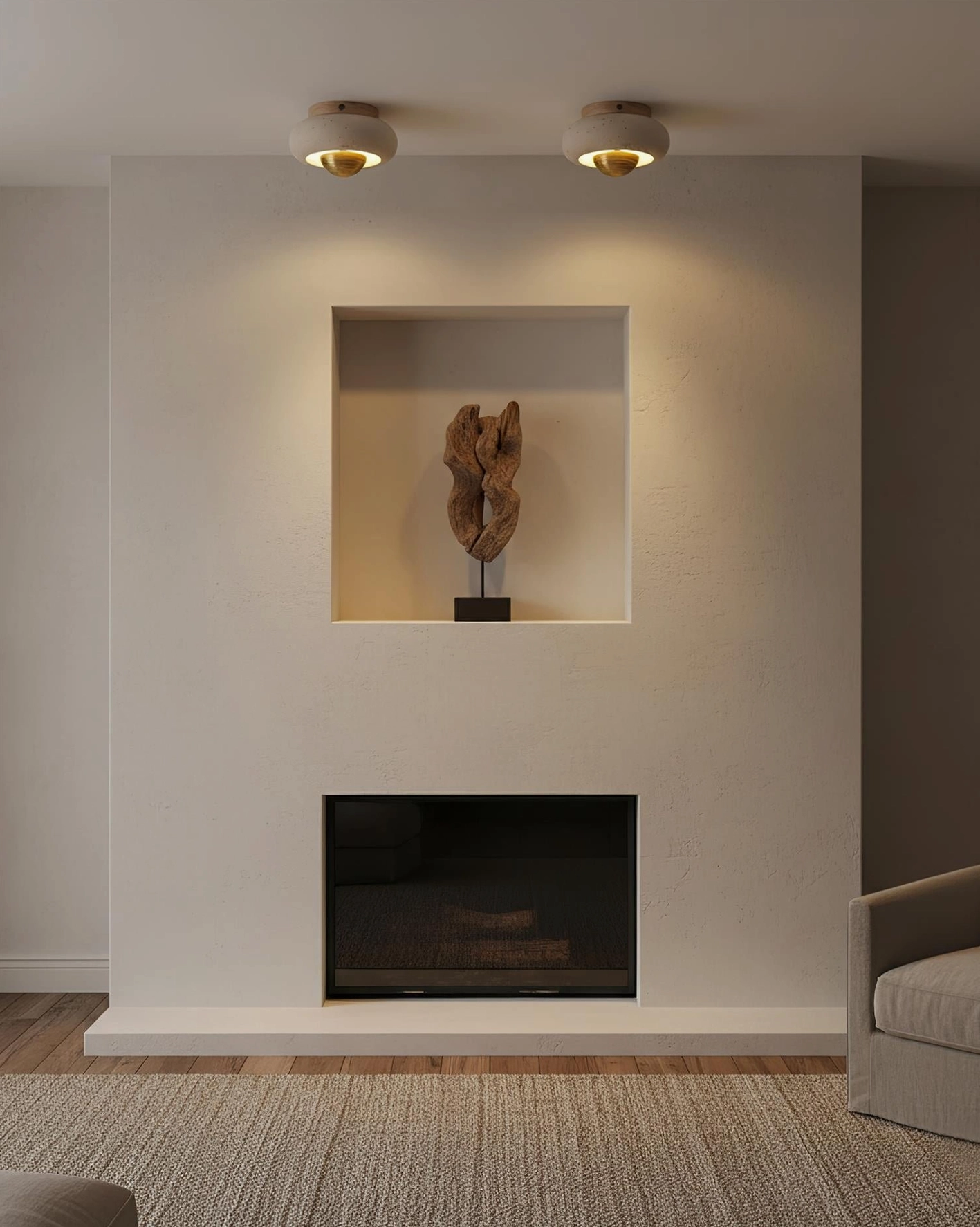 Modern travertine flush mount ceiling light fixture side profile view angle