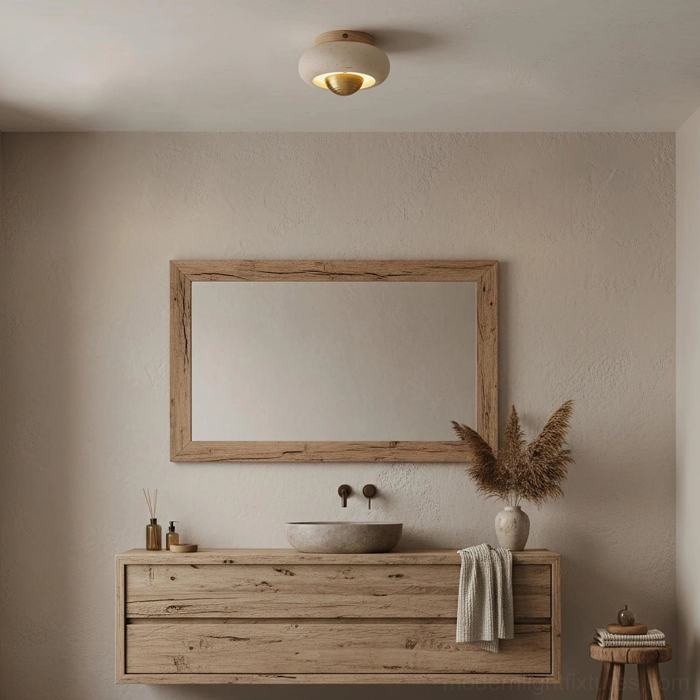Solinor travertine ceiling light fixture detail close-up stone texture warm glow