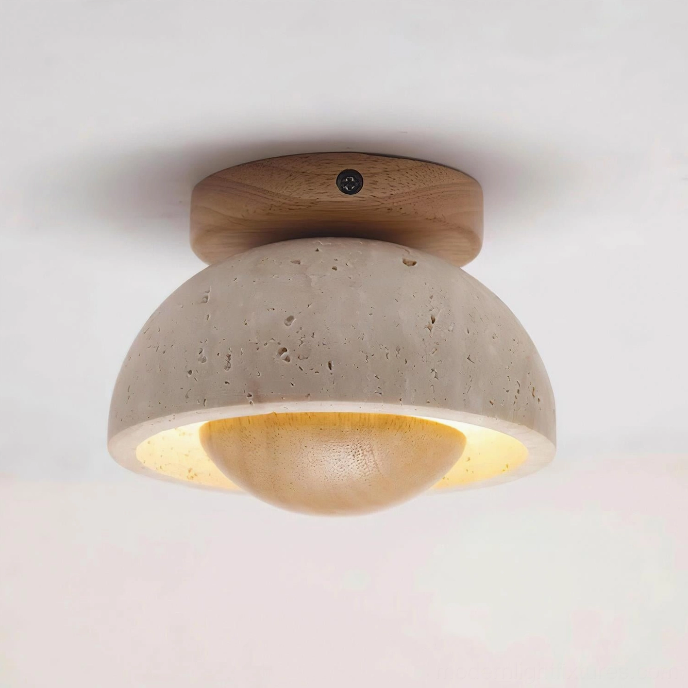 Travertine ceiling light fixture walnut wood accent beige stone modern finish