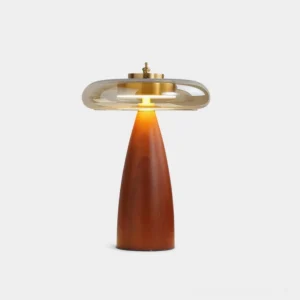 Solmira mid-century modern table lamp front three-quarter view with walnut wood base, smoked glass shade and brass accents on white background