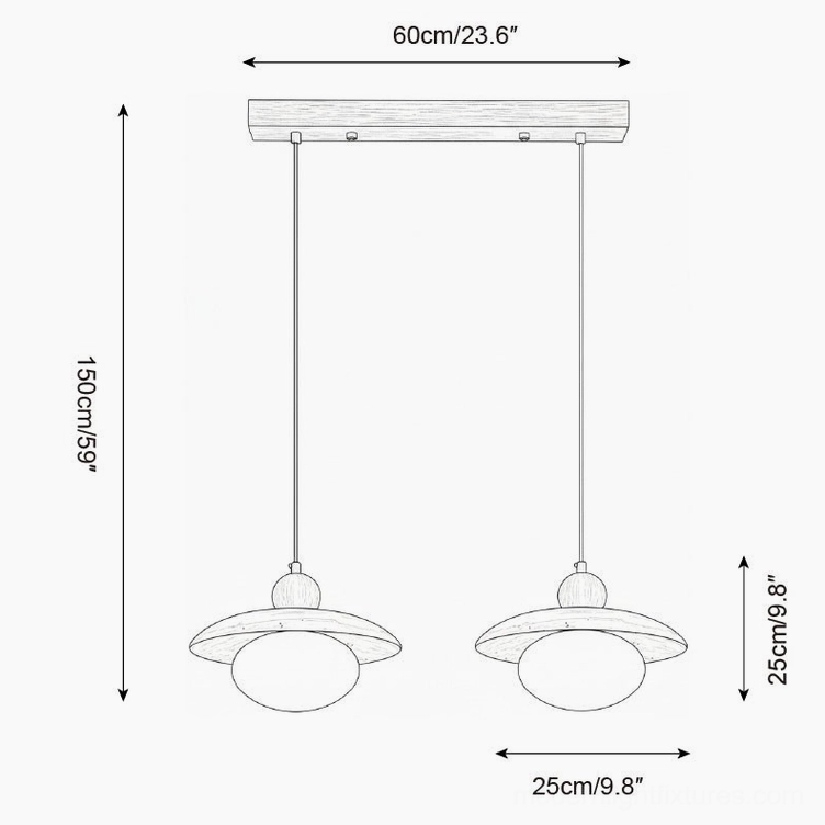 Solven dual head pendant light fixture technical side view 60cm span 150cm height