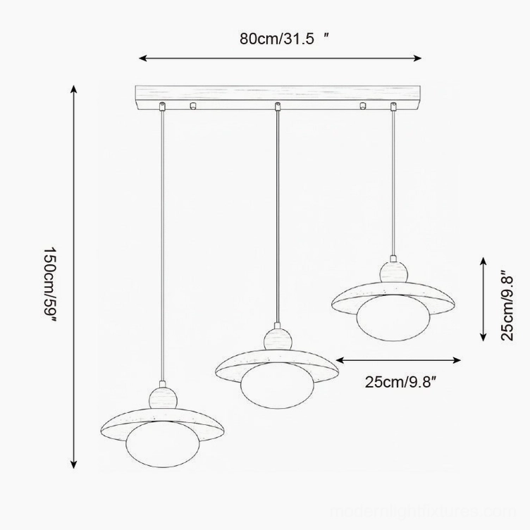 Solven triple head pendant light fixture technical drawing 80cm span 150cm height