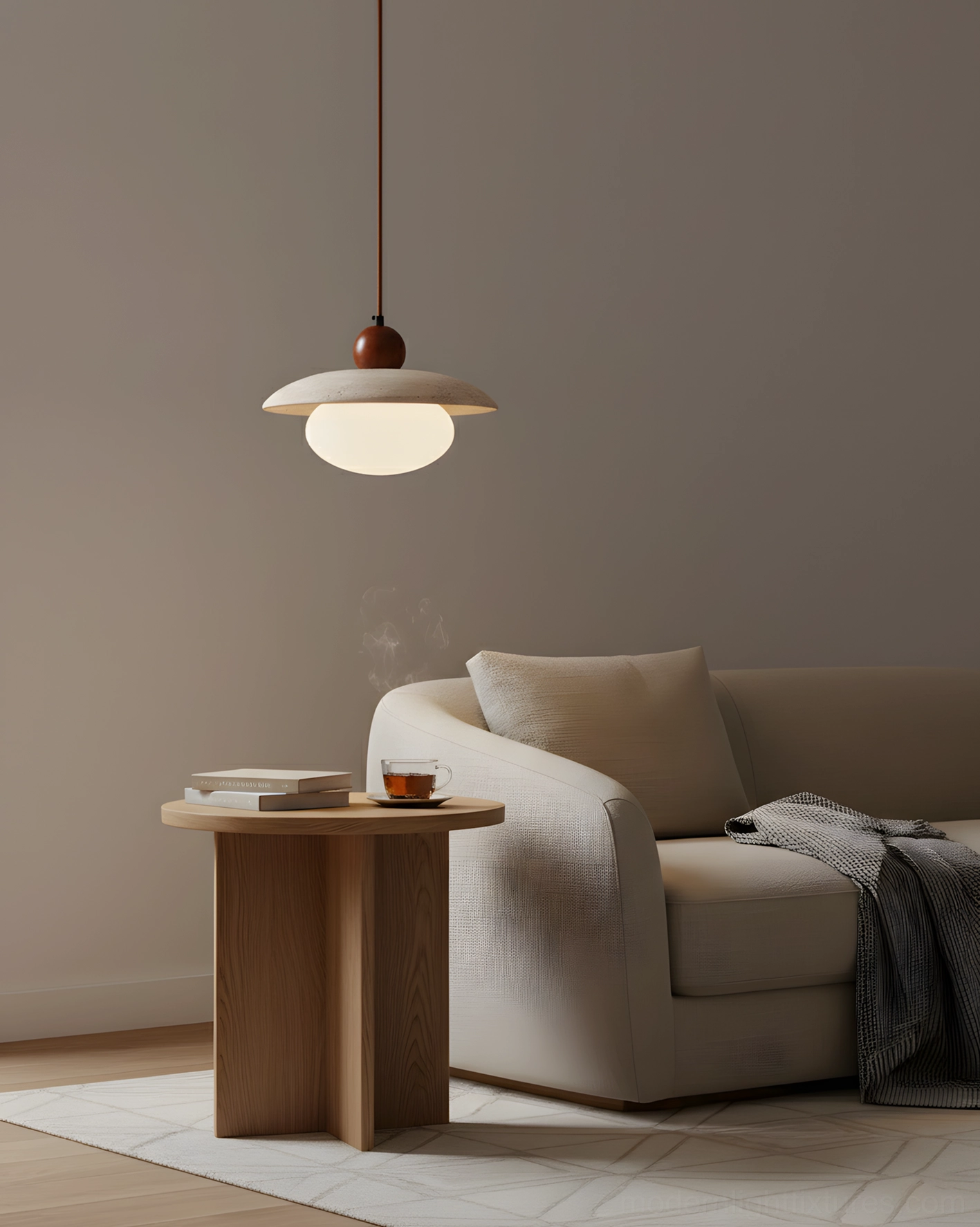Solven pendant light fixture close-up showing travertine disc and frosted glass shade detail