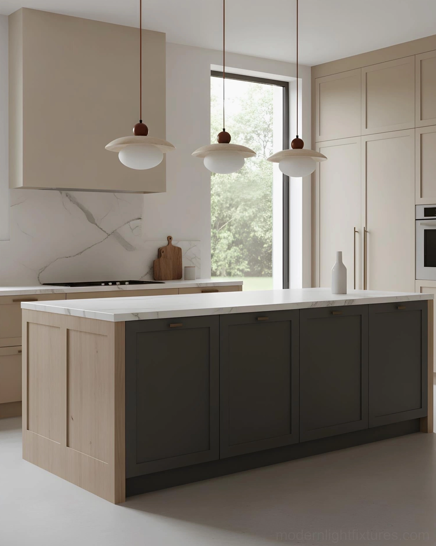 Three hanging pendant fixtures in warm residential kitchen interior space
