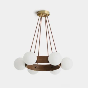 Solvena modern chandelier with frosted glass globes and polished brass frame overhead view