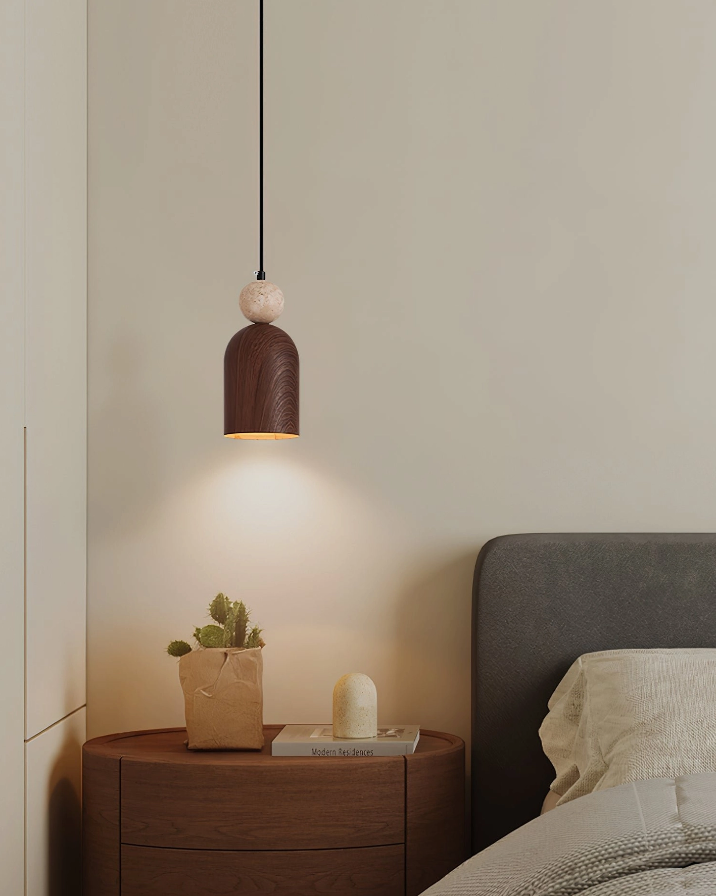 Somira cylindrical pendant light dark walnut finish, bedroom side view with warm ambient lighting and minimalist wabi-sabi styling