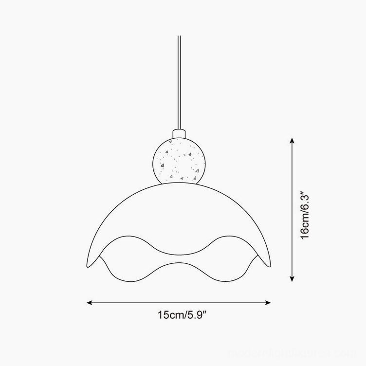 Somira Model B pendant light technical specifications, wavy dome metal shade with travertine sphere, 15cm x 16cm dimensions