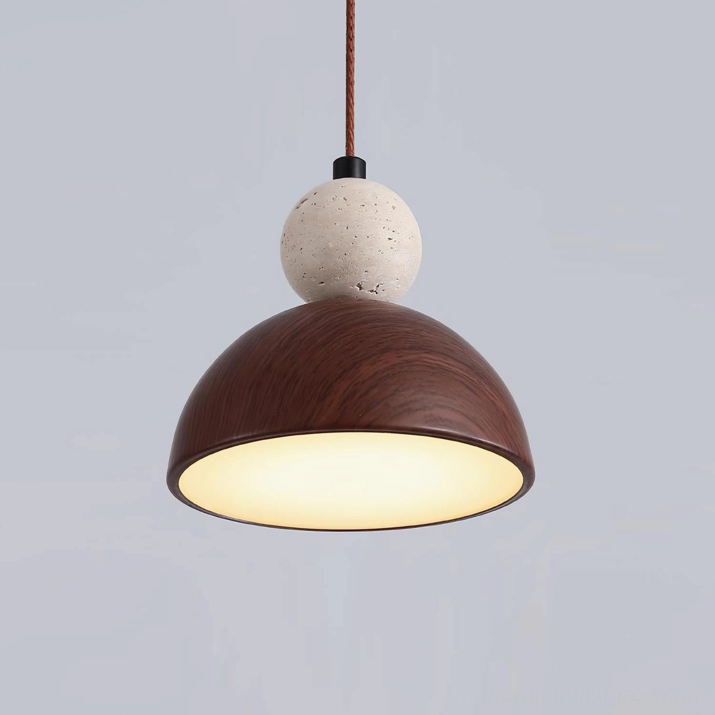 Somira Model C beige walnut pendant light, 15cm geometric shade with travertine stone sphere natural accent