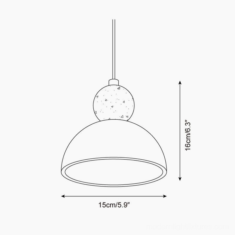 Somira Model C hanging lamp technical drawing, dome shade design with travertine detail, 15cm diameter specifications