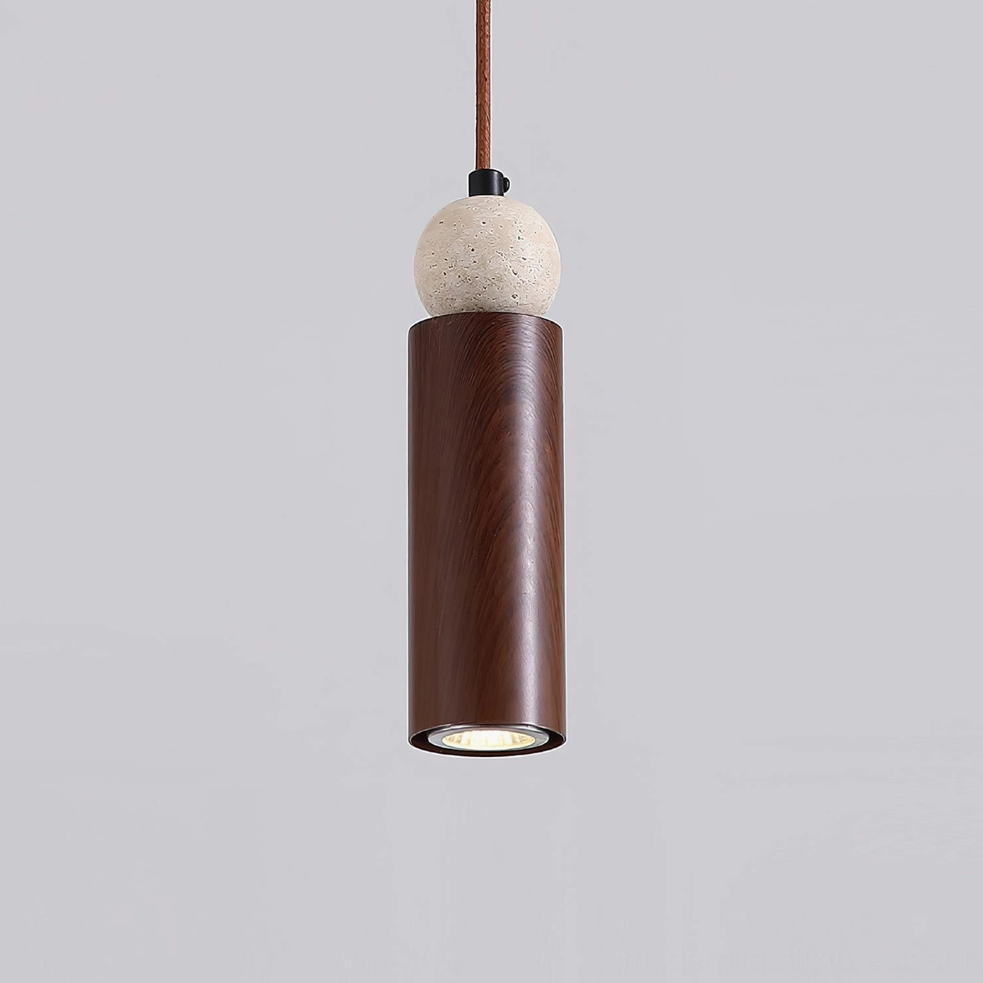 Somira Model D compact pendant light beige walnut color, 6cm diameter minimalist hanging fixture with travertine detail