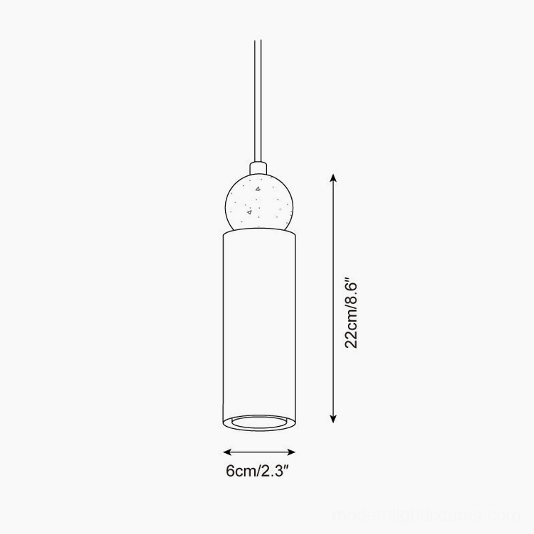 Somira Model D pendant light technical view, cylindrical tube shade with natural stone accent, 6cm x 22cm dimensions