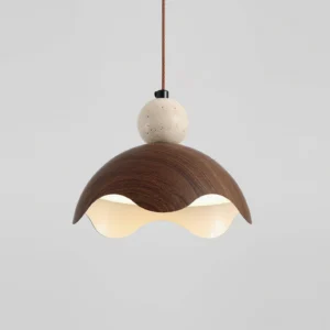 Somira minimalist hanging lamp front view, travertine stone top and braided suspension cord against white background