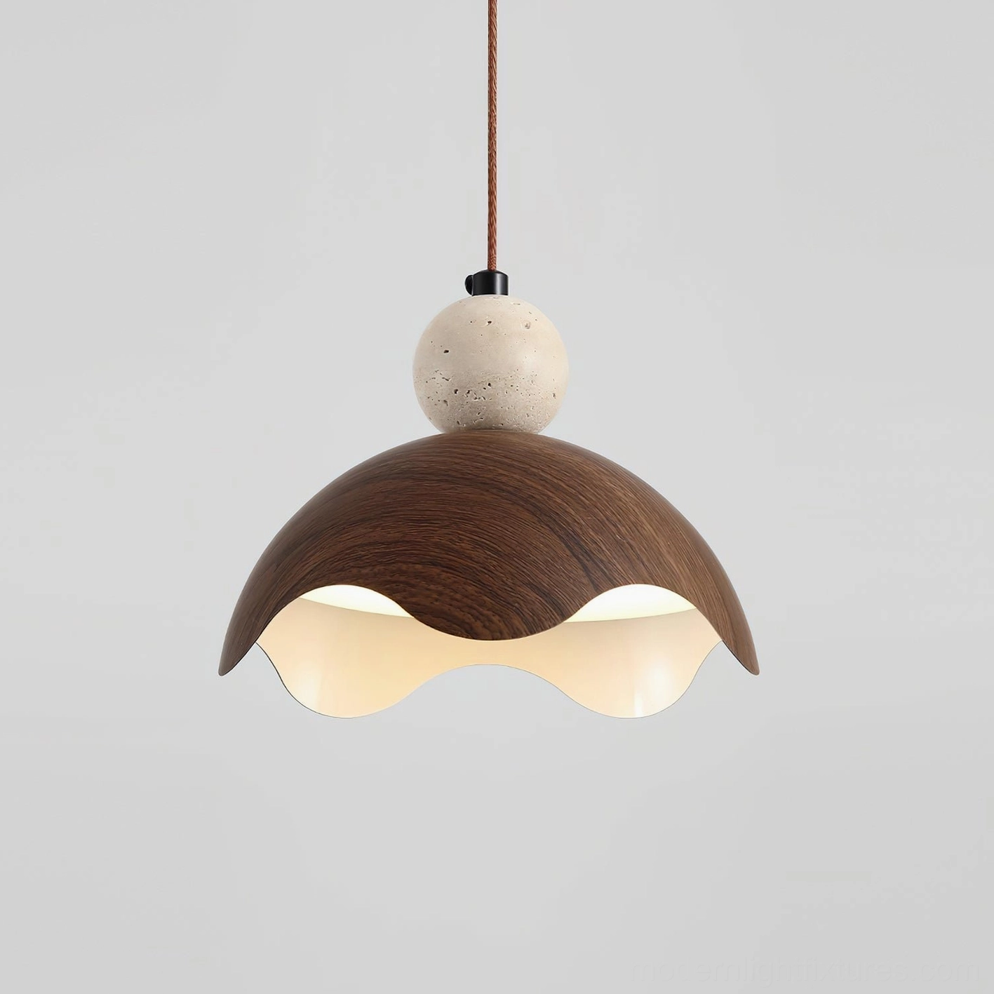 Somira minimalist hanging lamp front view, travertine stone top and braided suspension cord against white background