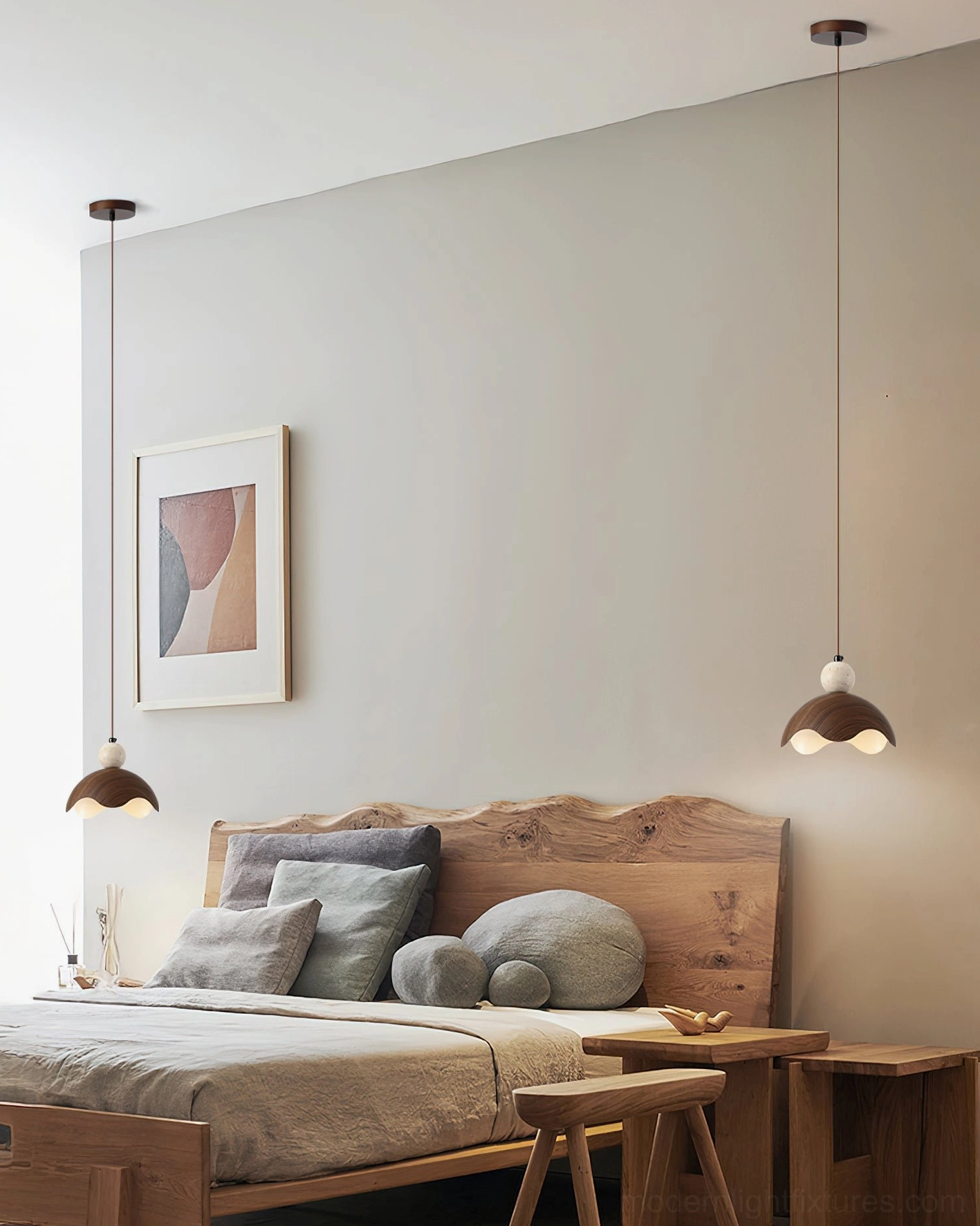 Somira pendant light beige finish option showing soft neutral tone with travertine sphere and geometric shade