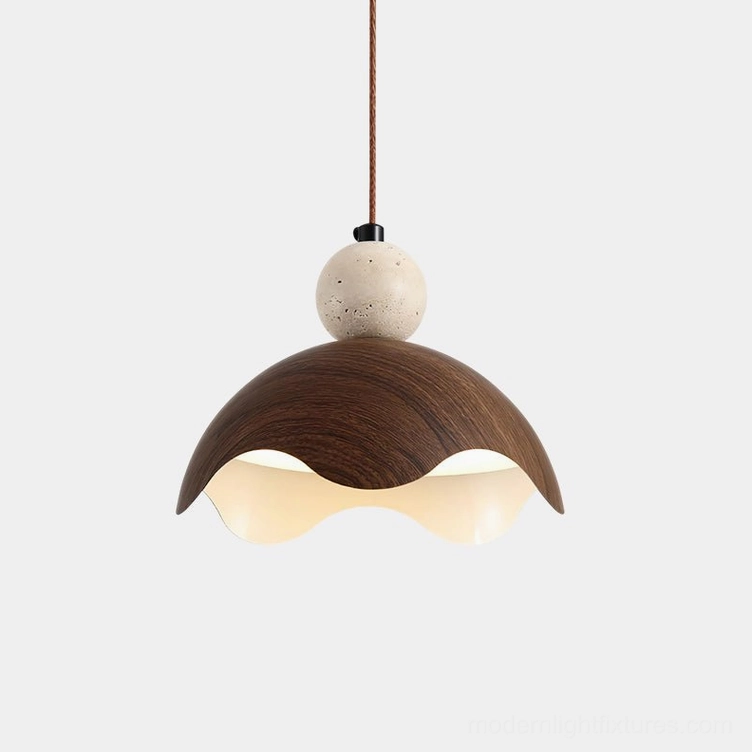 Somira modern pendant light with travertine stone detail, overhead view showing geometric metal shade and natural stone sphere accent