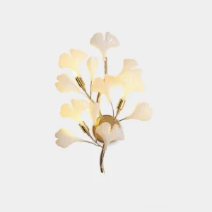 Sonia Ginkgo leaf wall sconce - gold metal frame with frosted white ceramic leaves - front studio view