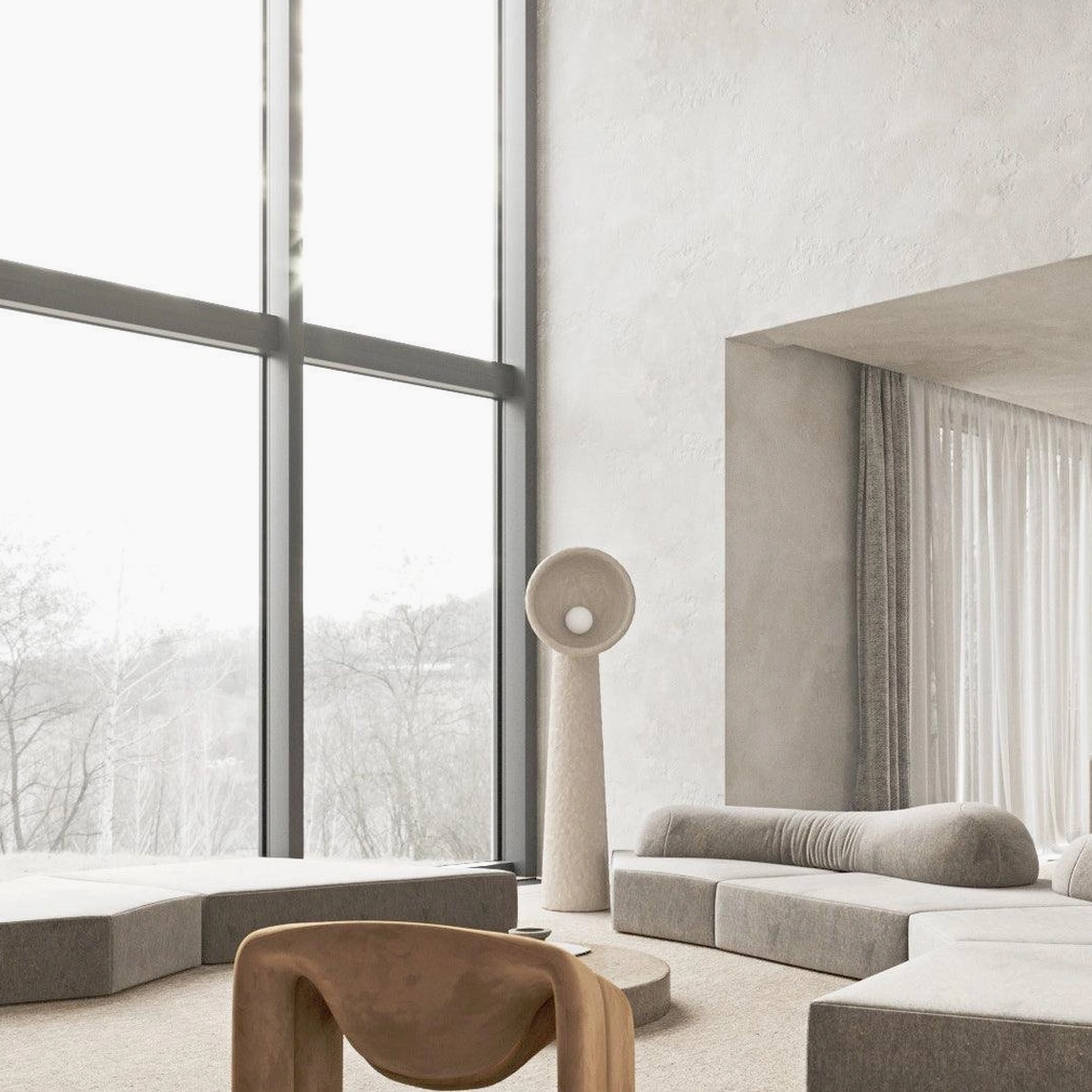 Soniah white floor lamp in modern living room with floor-to-ceiling windows wabi-sabi interior