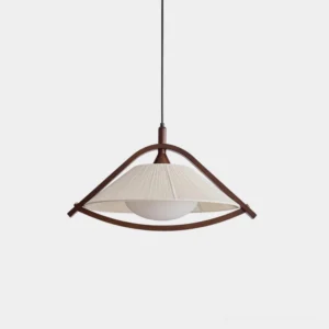 Sonoma Japandi wood pendant light with arched frame and beige pleated fabric shade, studio front view