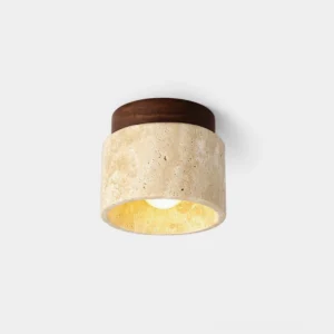 Sonoma travertine stone ceiling light fixture with natural porous texture and warm wood mounting base, front view