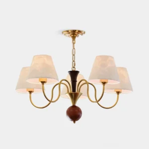 Sophia modern vintage chandelier with 5 milky white shell shades and brass gold metal frame - front view against neutral background